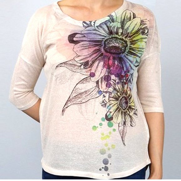 Barcode Apparel Tops - Barcode Apparel Gold Watercolor Rainbow Floral Top